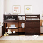 Lit mezzanine bas avec bureau roulant et étagères de rangement, lits superposés en bois de taille double avec 2 tiroirs et tableau noir pour enfants