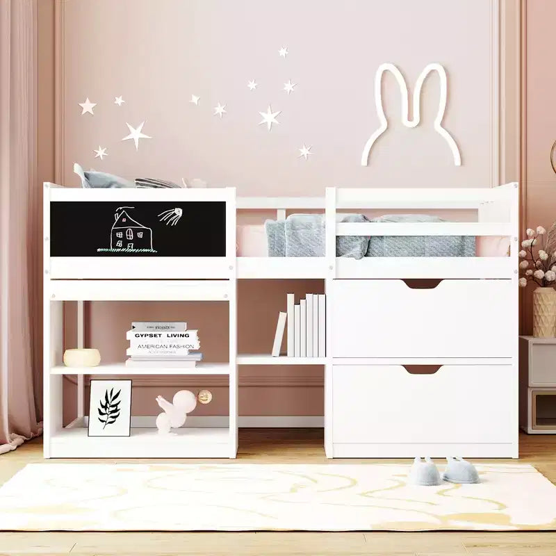 Lit mezzanine bas avec bureau roulant et étagères de rangement, lits superposés en bois de taille double avec 2 tiroirs et tableau noir pour enfants