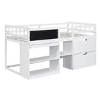 Lit mezzanine bas avec bureau roulant et étagères de rangement, lits superposés en bois de taille double avec 2 tiroirs et tableau noir pour enfants