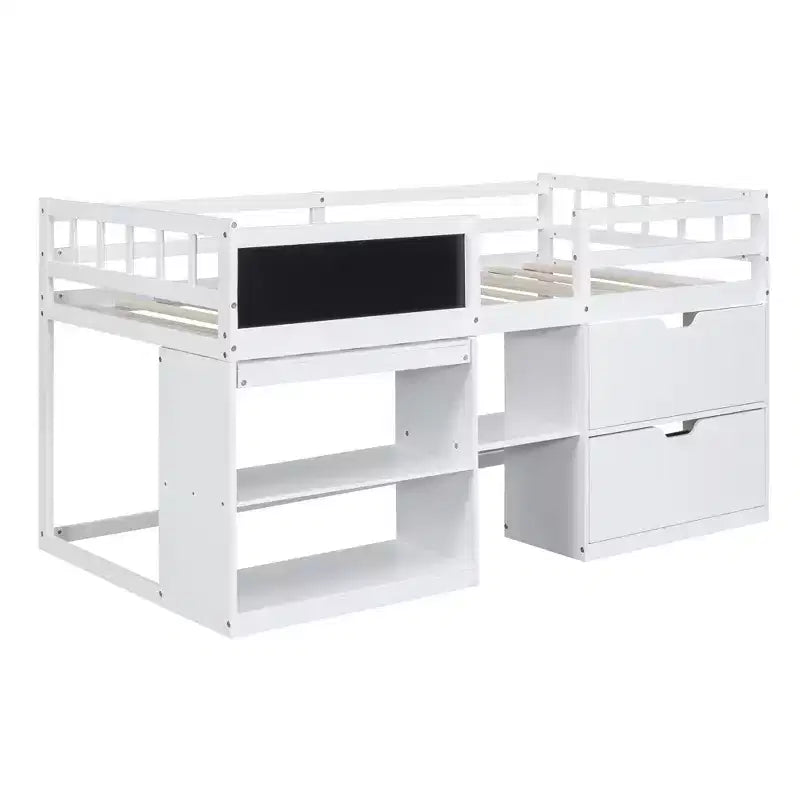 Lit mezzanine bas avec bureau roulant et étagères de rangement, lits superposés en bois de taille double avec 2 tiroirs et tableau noir pour enfants