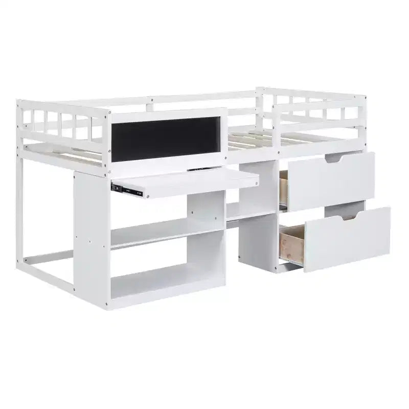 Lit mezzanine bas avec bureau roulant et étagères de rangement, lits superposés en bois de taille double avec 2 tiroirs et tableau noir pour enfants
