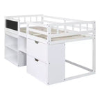 Lit mezzanine bas avec bureau roulant et étagères de rangement, lits superposés en bois de taille double avec 2 tiroirs et tableau noir pour enfants