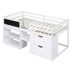 Lit mezzanine bas avec bureau roulant et étagères de rangement, lits superposés en bois de taille double avec 2 tiroirs et tableau noir pour enfants