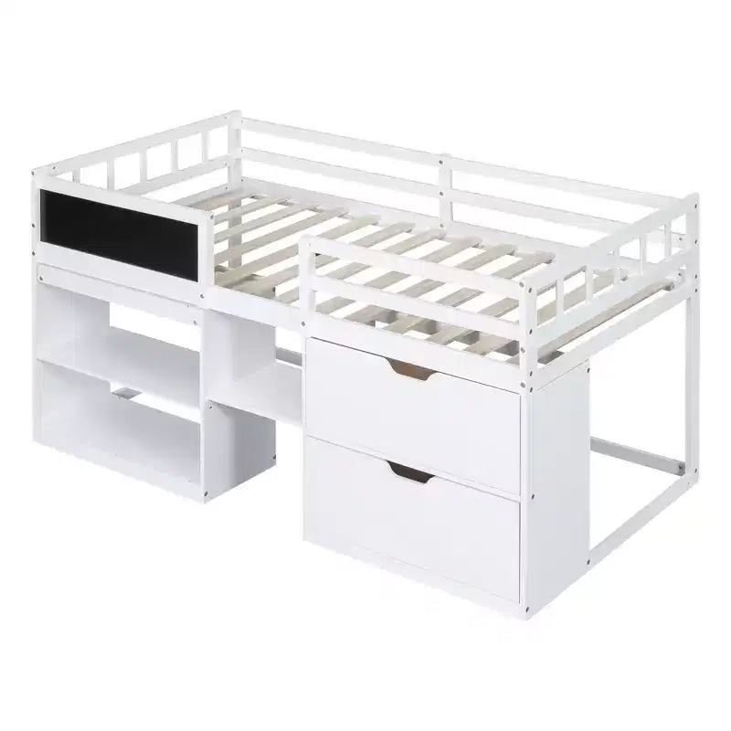 Lit mezzanine bas avec bureau roulant et étagères de rangement, lits superposés en bois de taille double avec 2 tiroirs et tableau noir pour enfants