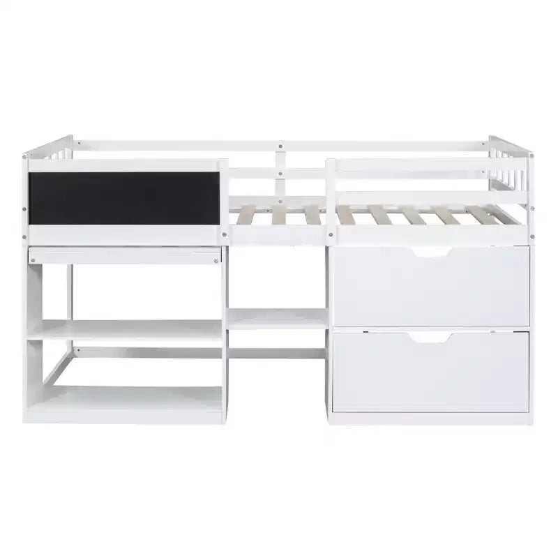 Lit mezzanine bas avec bureau roulant et étagères de rangement, lits superposés en bois de taille double avec 2 tiroirs et tableau noir pour enfants