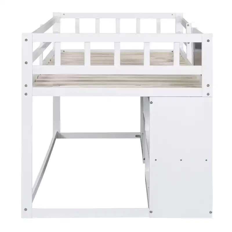 Lit mezzanine bas avec bureau roulant et étagères de rangement, lits superposés en bois de taille double avec 2 tiroirs et tableau noir pour enfants