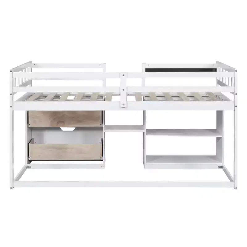 Lit mezzanine bas avec bureau roulant et étagères de rangement, lits superposés en bois de taille double avec 2 tiroirs et tableau noir pour enfants