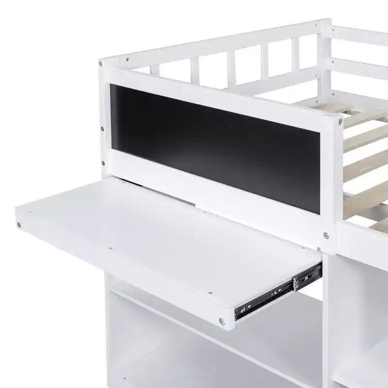 Lit mezzanine bas avec bureau roulant et étagères de rangement, lits superposés en bois de taille double avec 2 tiroirs et tableau noir pour enfants