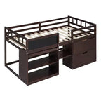 Lit mezzanine bas avec bureau roulant et étagères de rangement, lits superposés en bois de taille double avec 2 tiroirs et tableau noir pour enfants