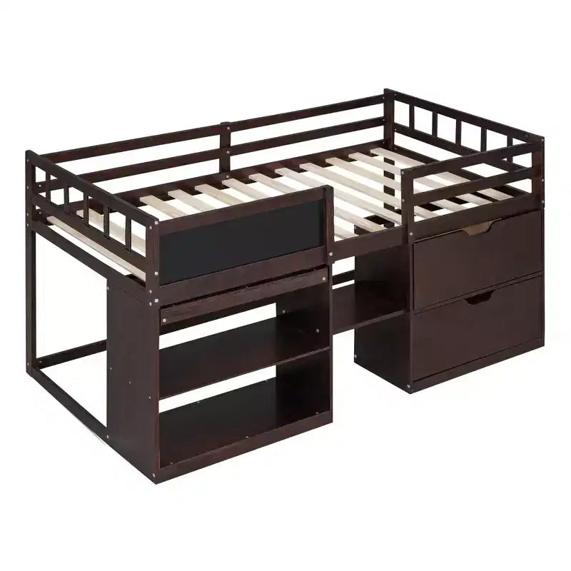 Lit mezzanine bas avec bureau roulant et étagères de rangement, lits superposés en bois de taille double avec 2 tiroirs et tableau noir pour enfants