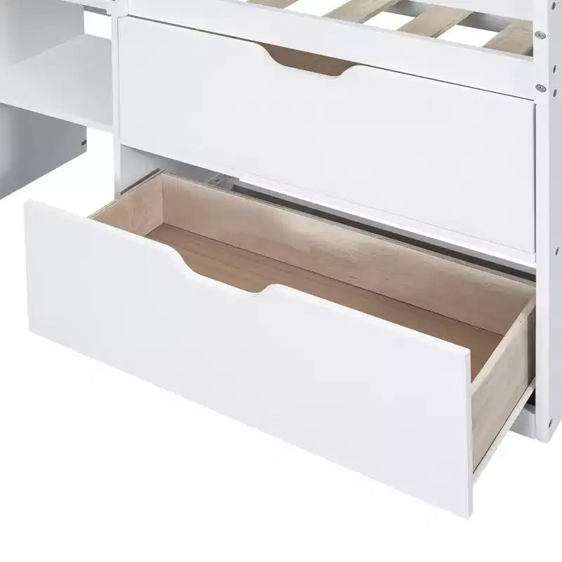 Lit mezzanine bas avec bureau roulant et étagères de rangement, lits superposés en bois de taille double avec 2 tiroirs et tableau noir pour enfants