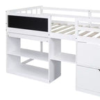 Lit mezzanine bas avec bureau roulant et étagères de rangement, lits superposés en bois de taille double avec 2 tiroirs et tableau noir pour enfants