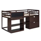 Lit mezzanine bas avec bureau roulant et étagères de rangement, lits superposés en bois de taille double avec 2 tiroirs et tableau noir pour enfants