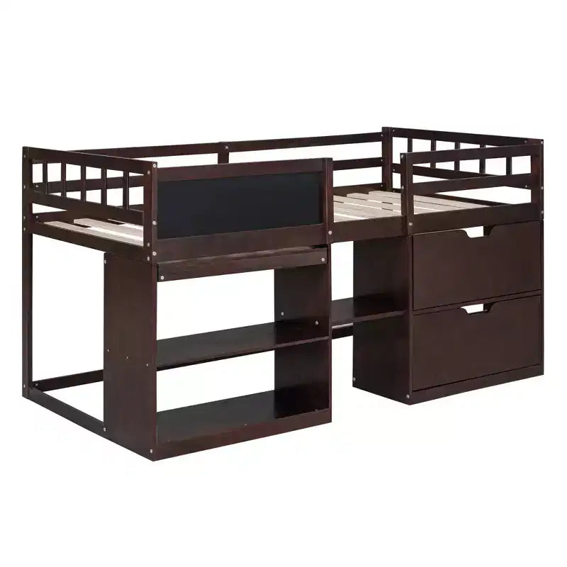Lit mezzanine bas avec bureau roulant et étagères de rangement, lits superposés en bois de taille double avec 2 tiroirs et tableau noir pour enfants