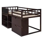 Lit mezzanine bas avec bureau roulant et étagères de rangement, lits superposés en bois de taille double avec 2 tiroirs et tableau noir pour enfants