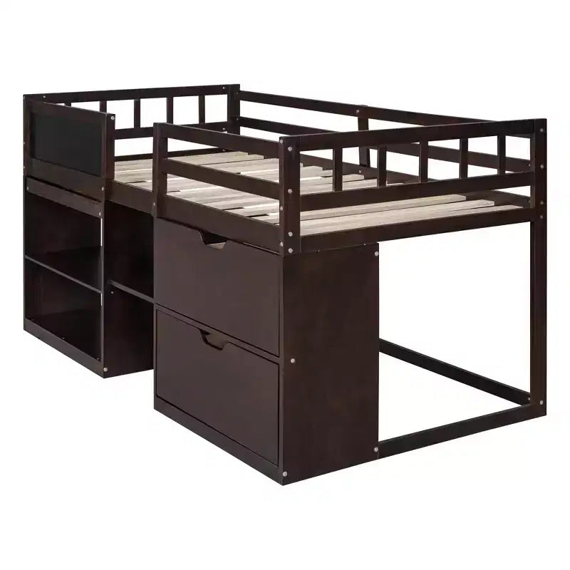 Lit mezzanine bas avec bureau roulant et étagères de rangement, lits superposés en bois de taille double avec 2 tiroirs et tableau noir pour enfants