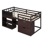 Lit mezzanine bas avec bureau roulant et étagères de rangement, lits superposés en bois de taille double avec 2 tiroirs et tableau noir pour enfants