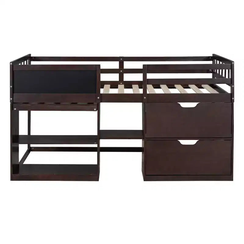 Lit mezzanine bas avec bureau roulant et étagères de rangement, lits superposés en bois de taille double avec 2 tiroirs et tableau noir pour enfants