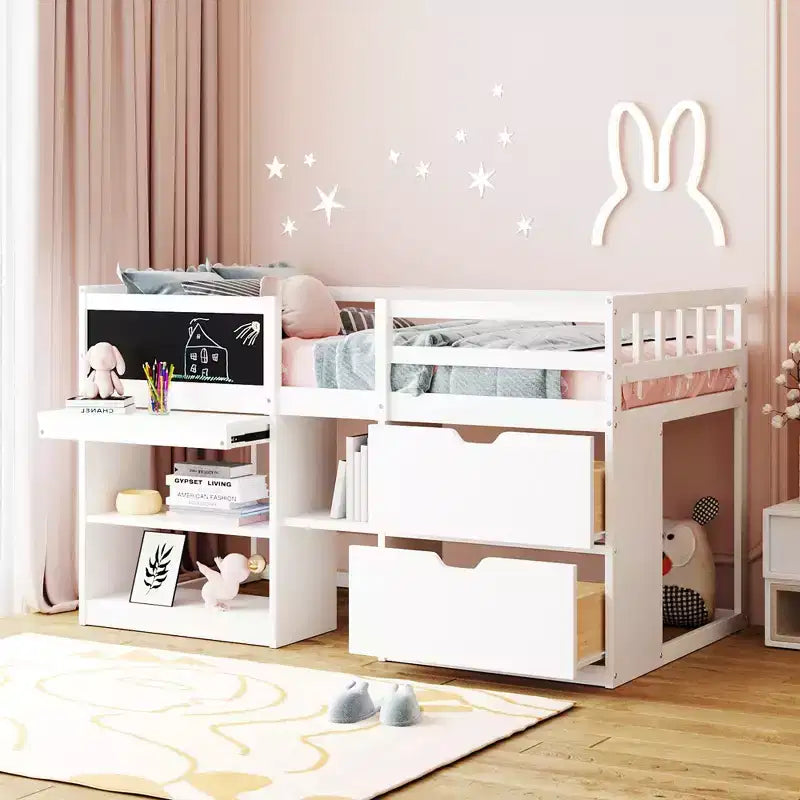 Lit mezzanine bas avec bureau roulant et étagères de rangement, lits superposés en bois de taille double avec 2 tiroirs et tableau noir pour enfants