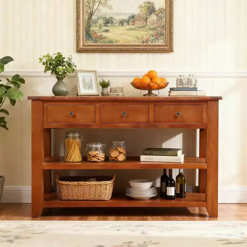 Hostack 48'' Modern Solid Wood Top Console Table with 3 Storage Drawers and 2 Shelves, Brown