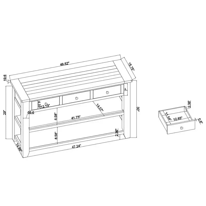 Console en bois massif de 122 cm avec 3 tiroirs de rangement, style moderne