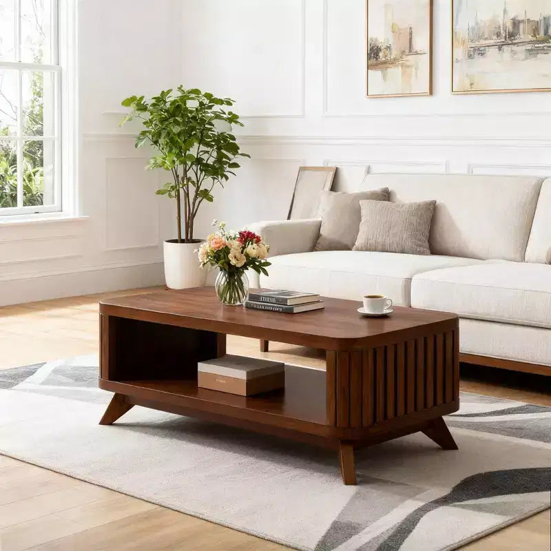Hostack 41.5'' Wood Coffee Table with Solid Wood Legs and Open Storage Shelf for Living Room, Espresso