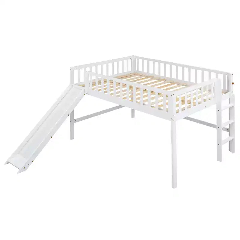 Lit mezzanine bas avec toboggan, Cadre de lit mezzanine en bois pour enfants avec barrière de sécurité haute pour filles et garçons