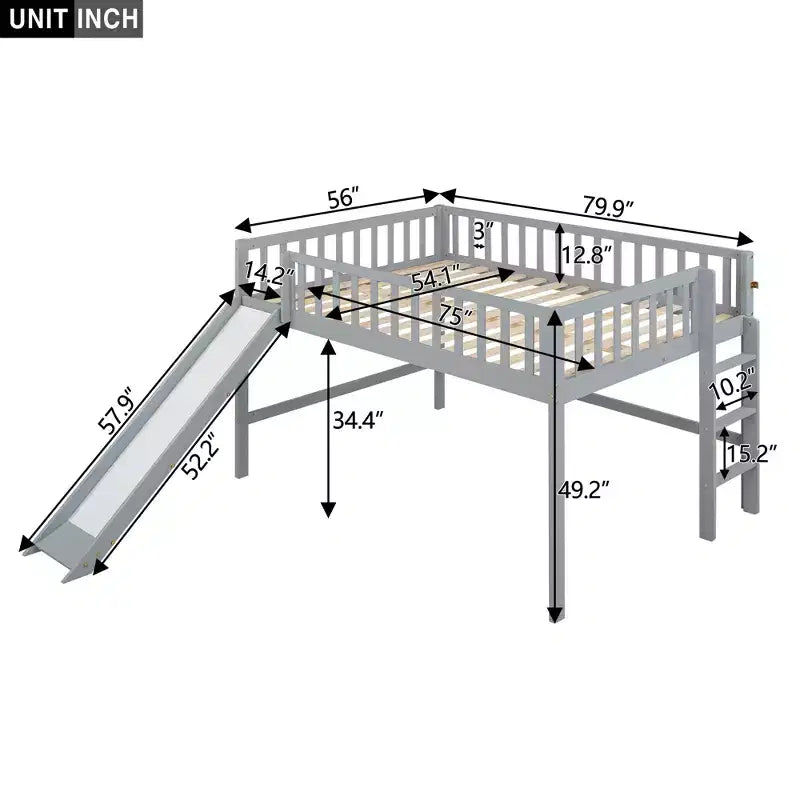 Lit mezzanine bas avec toboggan, Cadre de lit mezzanine en bois pour enfants avec barrière de sécurité haute pour filles et garçons