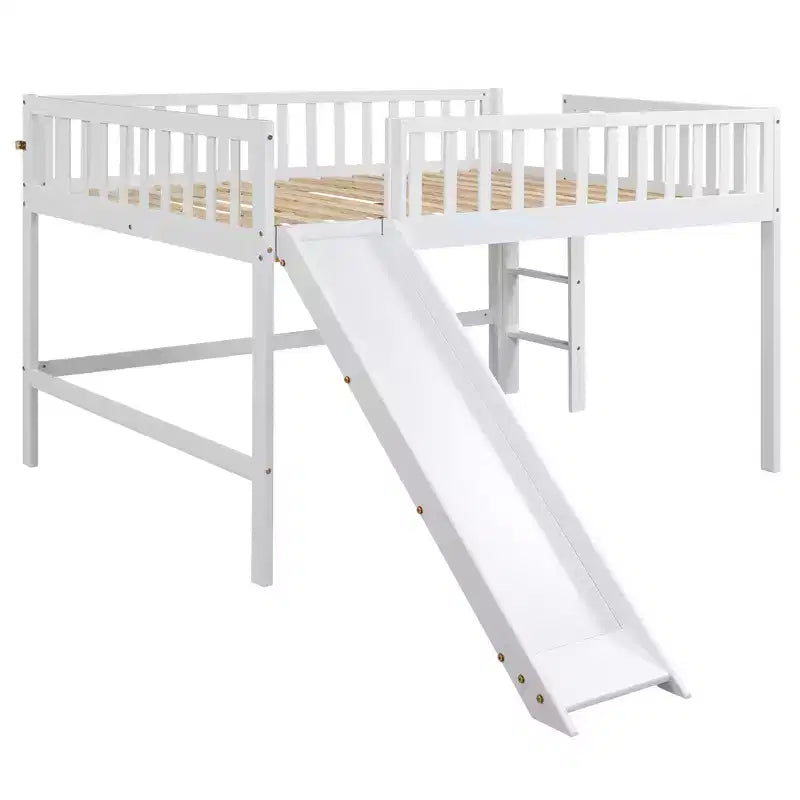 Lit mezzanine bas avec toboggan, Cadre de lit mezzanine en bois pour enfants avec barrière de sécurité haute pour filles et garçons