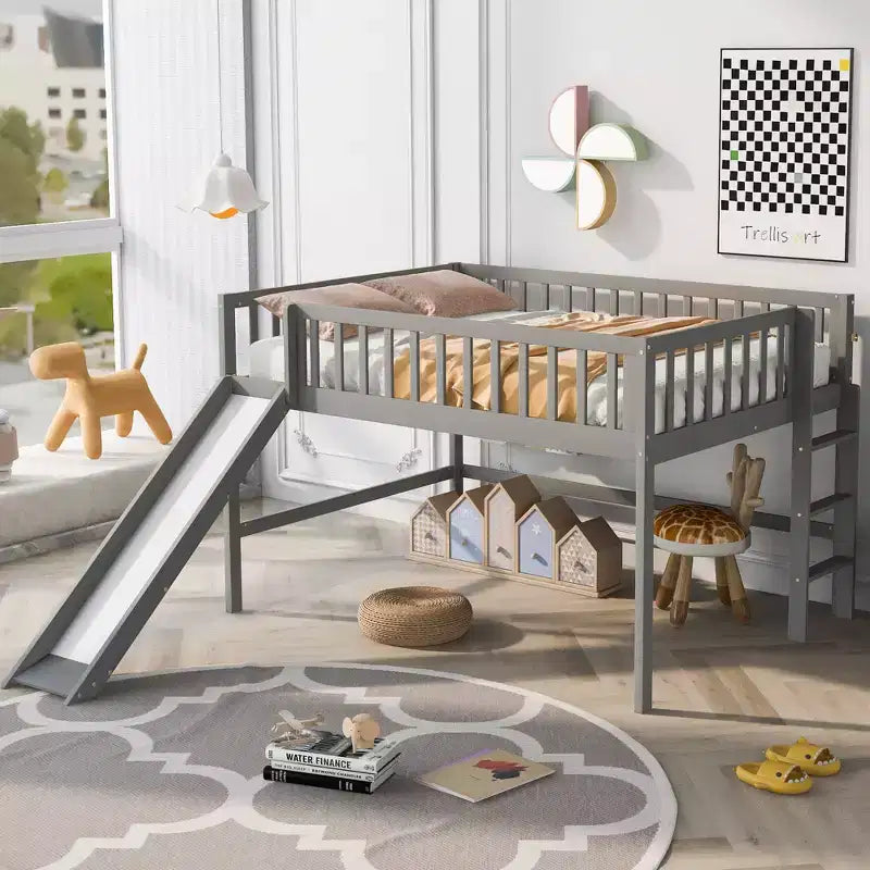 Lit mezzanine bas avec toboggan, Cadre de lit mezzanine en bois pour enfants avec barrière de sécurité haute pour filles et garçons