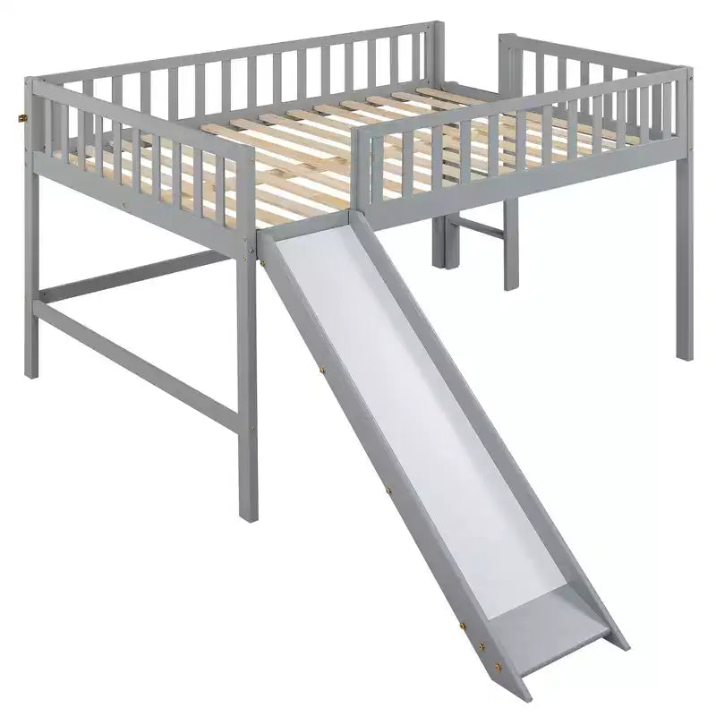 Lit mezzanine bas avec toboggan, Cadre de lit mezzanine en bois pour enfants avec barrière de sécurité haute pour filles et garçons