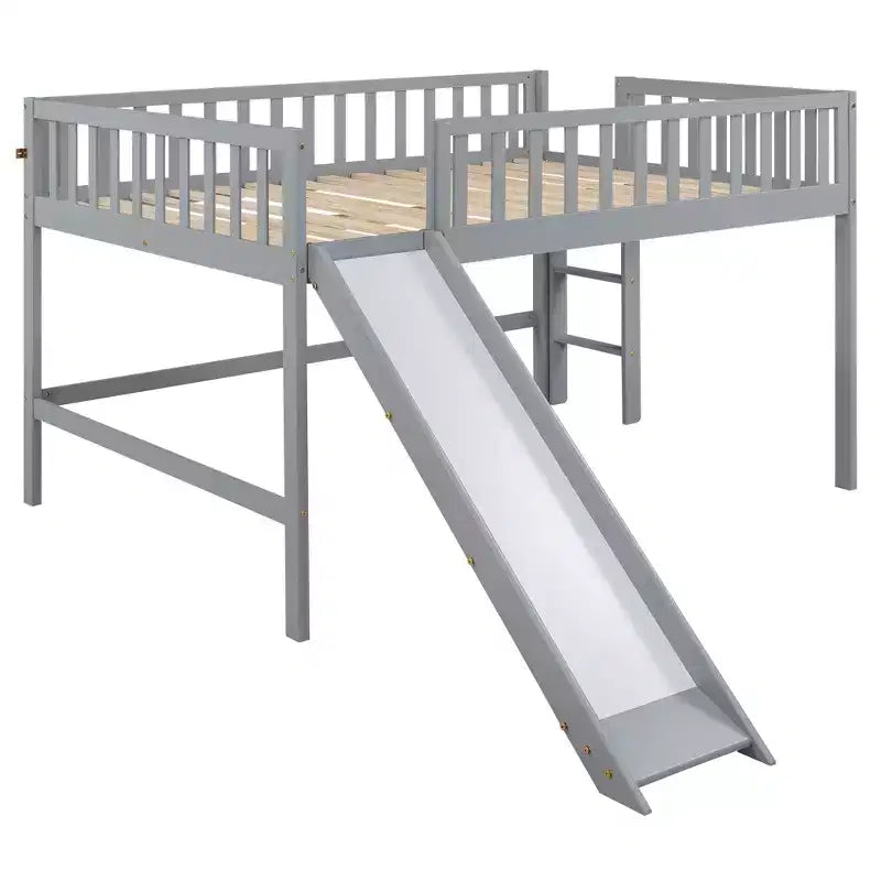 Lit mezzanine bas avec toboggan, Cadre de lit mezzanine en bois pour enfants avec barrière de sécurité haute pour filles et garçons