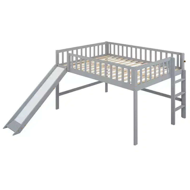 Lit mezzanine bas avec toboggan, Cadre de lit mezzanine en bois pour enfants avec barrière de sécurité haute pour filles et garçons