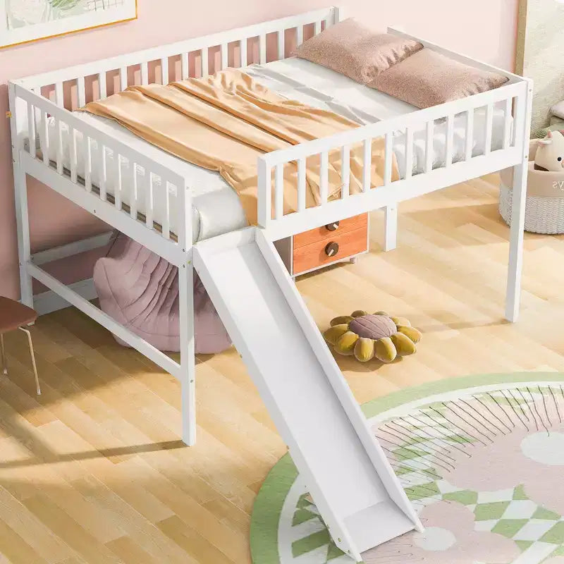 Lit mezzanine bas avec toboggan, Cadre de lit mezzanine en bois pour enfants avec barrière de sécurité haute pour filles et garçons