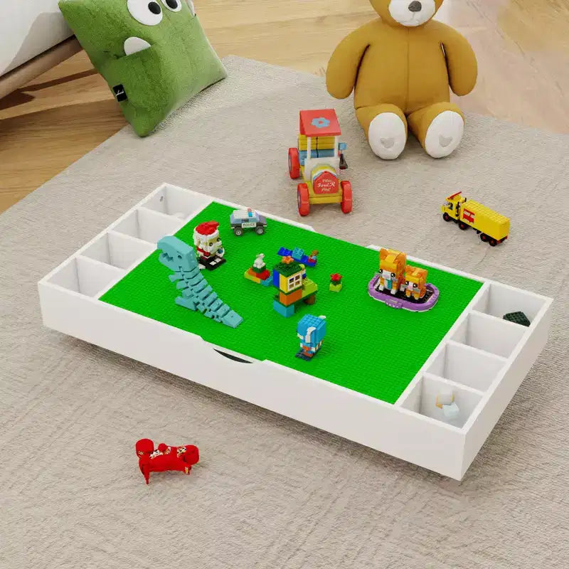 Table de jeu et organisateur de jouets 2 en 1 compatible avec les Lego, pour rangement sous le lit ou le canapé - Blanc (38 x 18,7 x 5,9)
