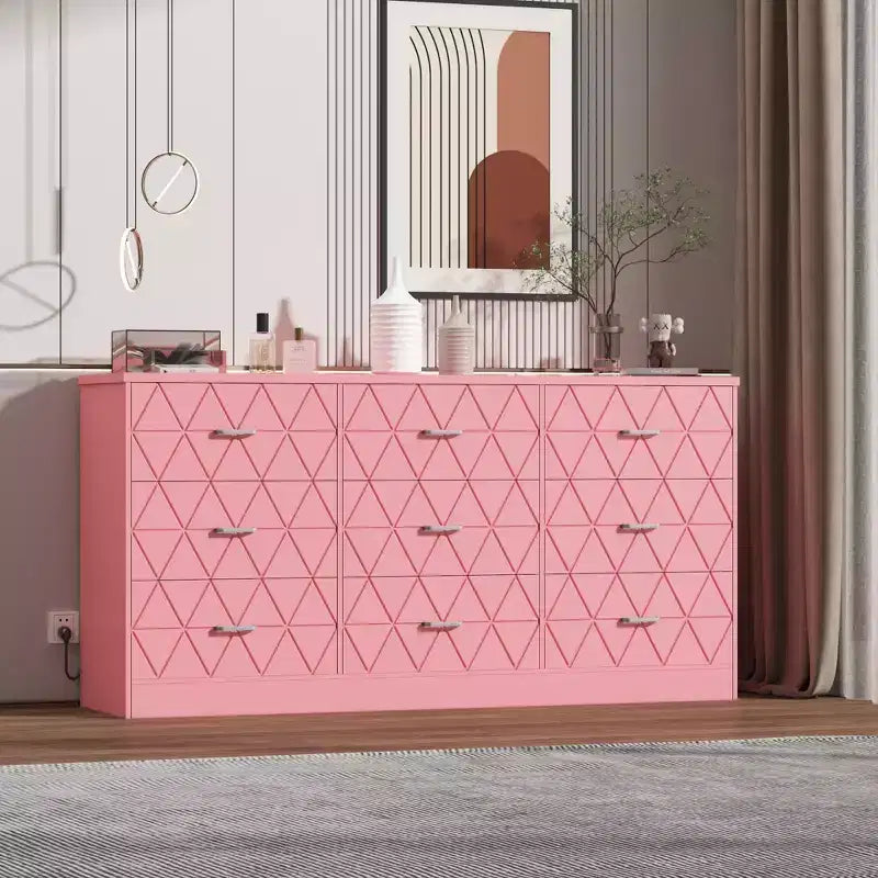 Commode à 9 tiroirs, Meuble de rangement moderne en bois, Commode support TV, Organisateur de tiroirs en bois avec prise de courant pour chambre à coucher, salon