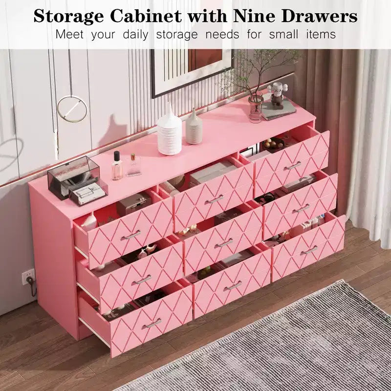 Commode à 9 tiroirs, Meuble de rangement moderne en bois, Commode support TV, Organisateur de tiroirs en bois avec prise de courant pour chambre à coucher, salon