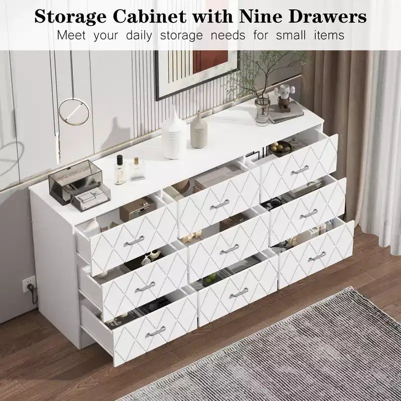 Commode à 9 tiroirs, Meuble de rangement moderne en bois, Commode support TV, Organisateur de tiroirs en bois avec prise de courant pour chambre à coucher, salon