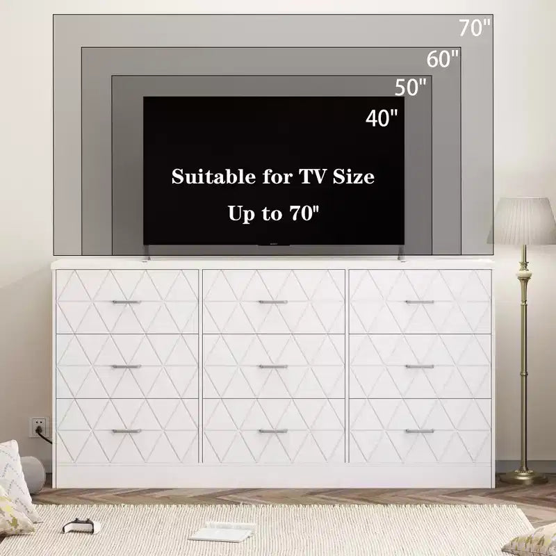 Commode à 9 tiroirs, Meuble de rangement moderne en bois, Commode support TV, Organisateur de tiroirs en bois avec prise de courant pour chambre à coucher, salon