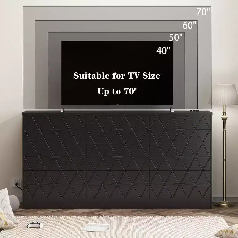 Commode à 9 tiroirs, Meuble de rangement moderne en bois, Commode support TV, Organisateur de tiroirs en bois avec prise de courant pour chambre à coucher, salon