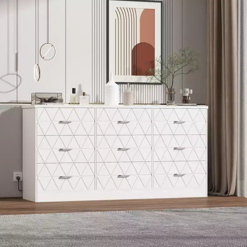 Commode à 9 tiroirs, Meuble de rangement moderne en bois, Commode support TV, Organisateur de tiroirs en bois avec prise de courant pour chambre à coucher, salon