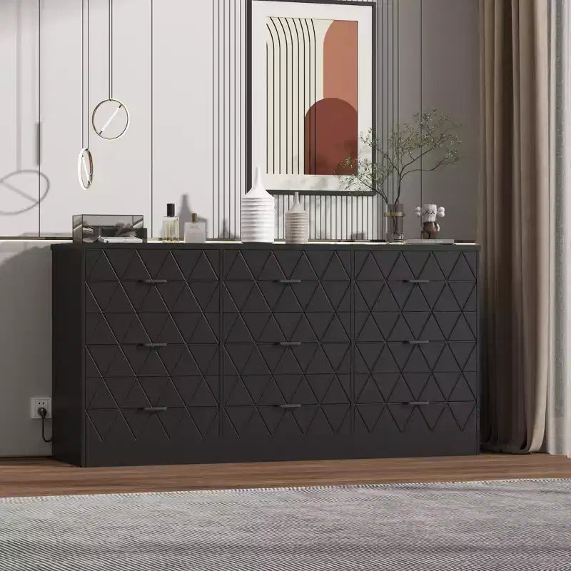 Commode à 9 tiroirs, Meuble de rangement moderne en bois, Commode support TV, Organisateur de tiroirs en bois avec prise de courant pour chambre à coucher, salon
