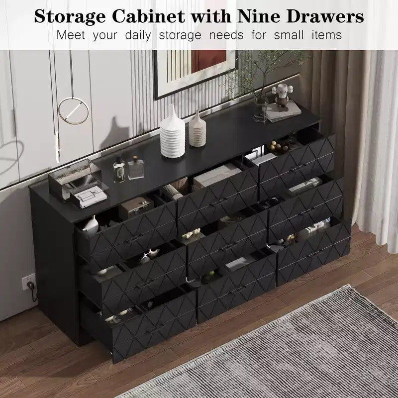 Commode à 9 tiroirs, Meuble de rangement moderne en bois, Commode support TV, Organisateur de tiroirs en bois avec prise de courant pour chambre à coucher, salon
