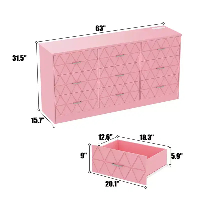 Commode à 9 tiroirs, Meuble de rangement moderne en bois, Commode support TV, Organisateur de tiroirs en bois avec prise de courant pour chambre à coucher, salon