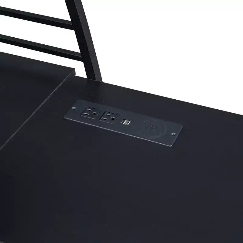 Lit mezzanine avec étagères et bureau en L, cadre en métal avec un ensemble de prises, ports USB et chargement sans fil