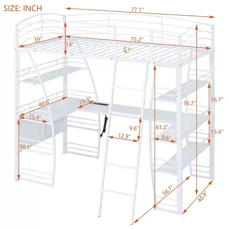 Lit mezzanine avec étagères et bureau en L, cadre en métal avec un ensemble de prises, ports USB et chargement sans fil