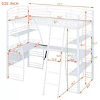 Lit mezzanine avec étagères et bureau en L, cadre en métal avec un ensemble de prises, ports USB et chargement sans fil