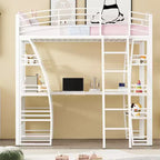 Lit mezzanine avec étagères et bureau en L, cadre en métal avec un ensemble de prises, ports USB et chargement sans fil