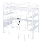Lit mezzanine avec étagères et bureau en L, cadre en métal avec un ensemble de prises, ports USB et chargement sans fil