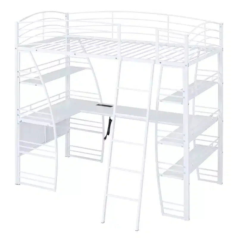 Lit mezzanine avec étagères et bureau en L, cadre en métal avec un ensemble de prises, ports USB et chargement sans fil